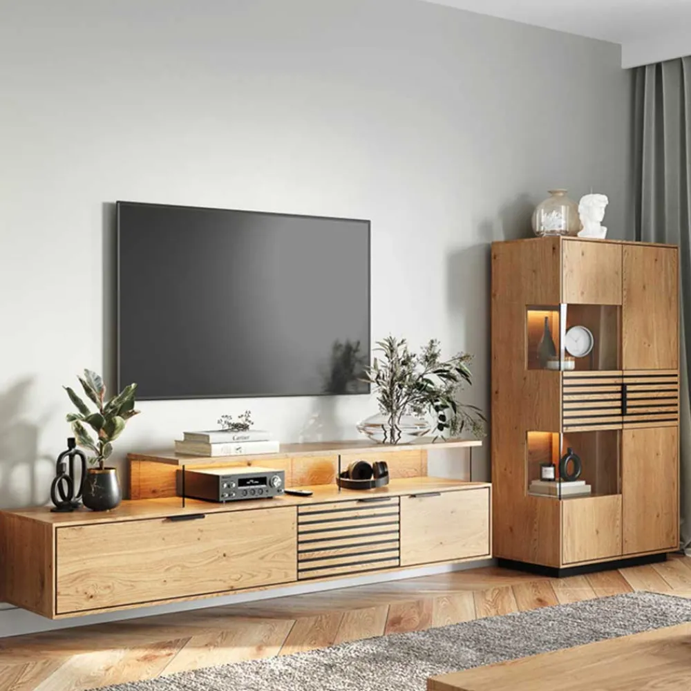 Wohnen Esszimmerschränke|Highboards*Massivholz Vitrine in Eiche mit Schwarz - Eribella