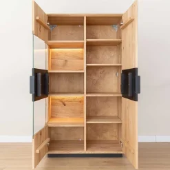 Wohnen Esszimmerschränke|Highboards*Massivholz Vitrine in Eiche mit Schwarz - Eribella