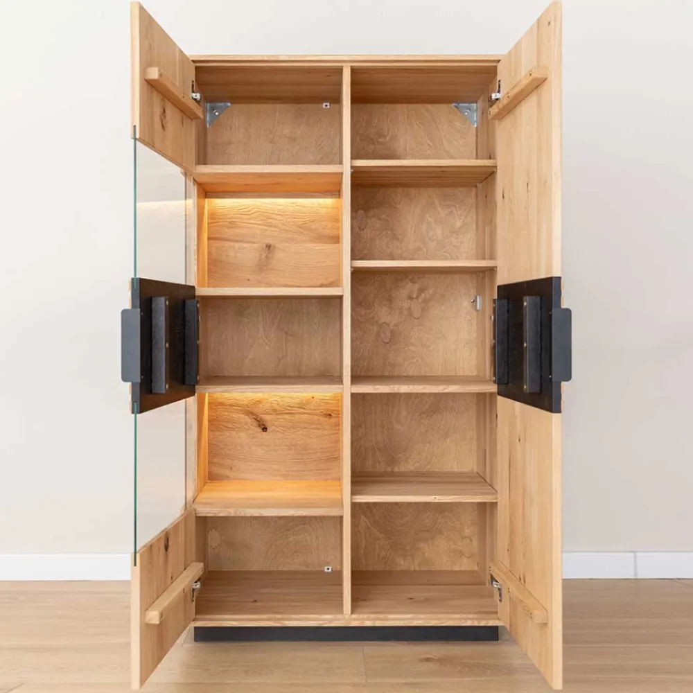 Wohnen Esszimmerschränke|Highboards*Massivholz Vitrine in Eiche mit Schwarz - Eribella