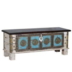 Wohnen Massivholztruhe in Antikweiß mit Blau Bronze Braun - Eskuladra