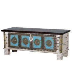 Wohnen Massivholztruhe in Antikweiß mit Blau Bronze Braun - Eskuladra