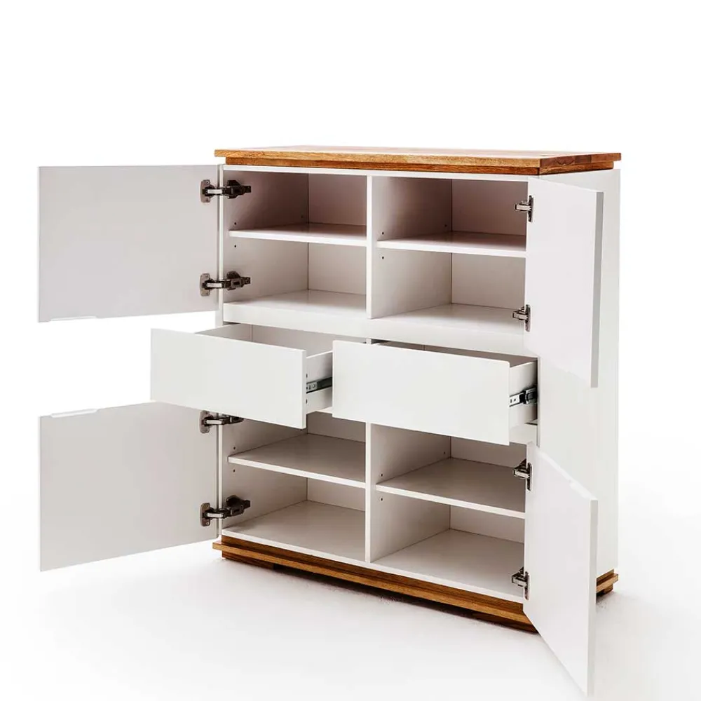 Wohnen Mattweißes Highboard mit Asteiche massiv - Vangels