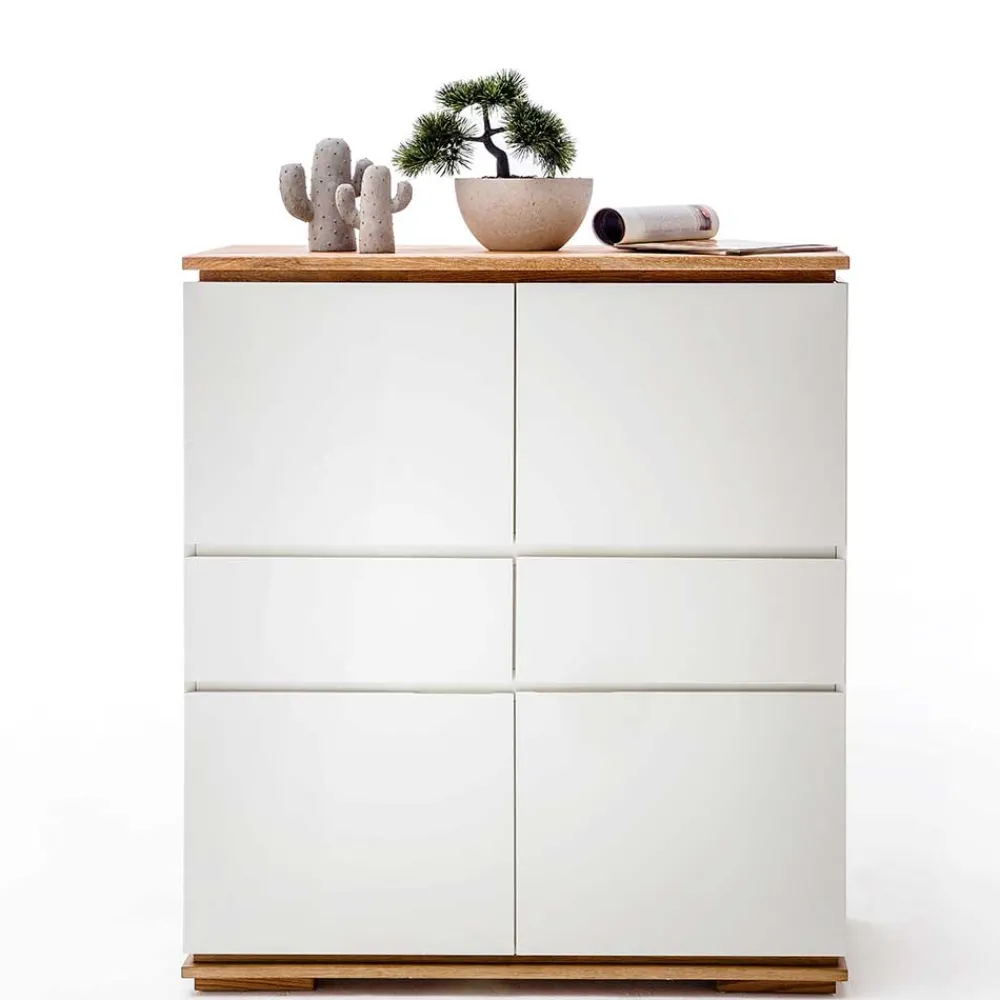 Wohnen Mattweißes Highboard mit Asteiche massiv - Vangels
