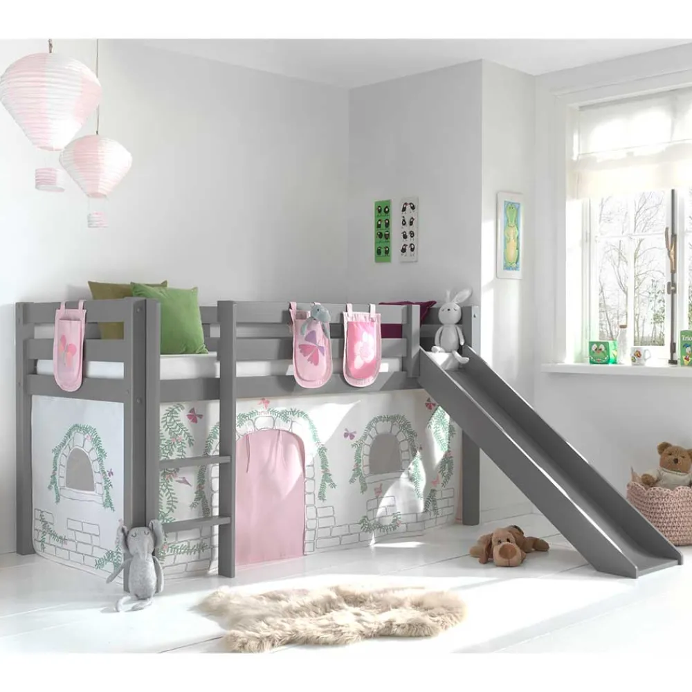 Kinder Wohnen Mädchen Rutschbett in Grau mit Vorhang - Constanza