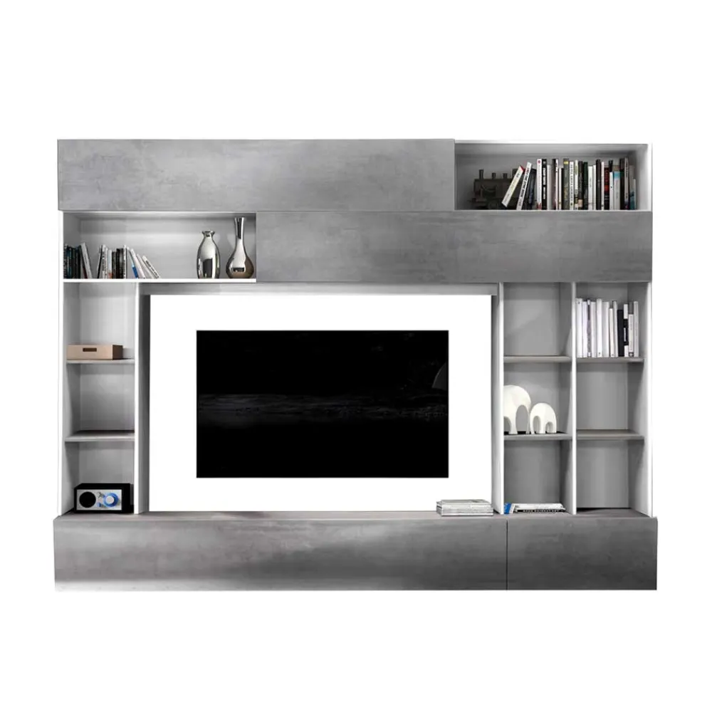 Wohnen Tv & Hifi-Möbel|Tv & Hifi-Möbel*Mediawand für Fernseher in Weiß & Beton Dekor - Fancy