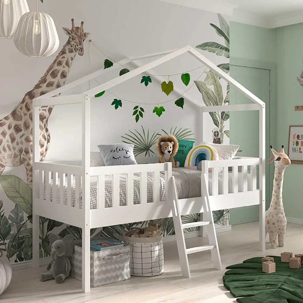 Kinder Wohnen Midi Hochbett im Haus Design in Weiß - Rumona