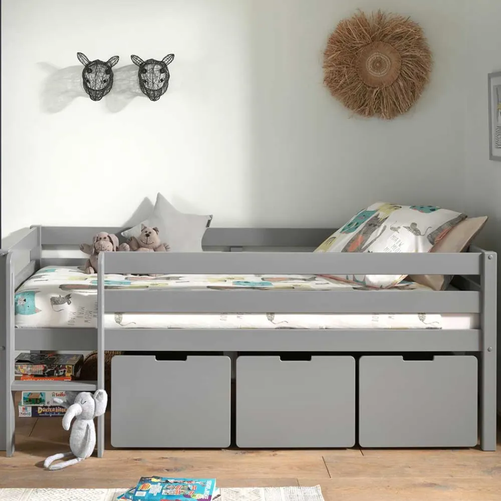 Kinder Wohnen Mini Hochbett mit Absturzsicherung in Grau - Joina