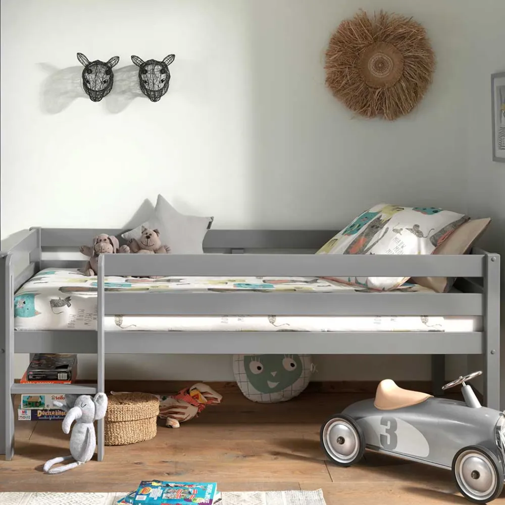 Kinder Wohnen Mini Hochbett mit Absturzsicherung in Grau - Joina