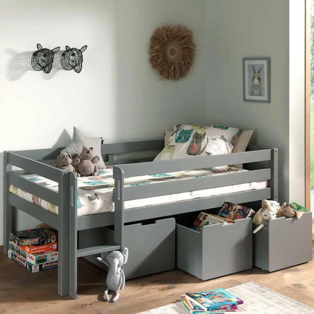 Kinder Wohnen Mini Hochbett mit Absturzsicherung in Grau - Joina