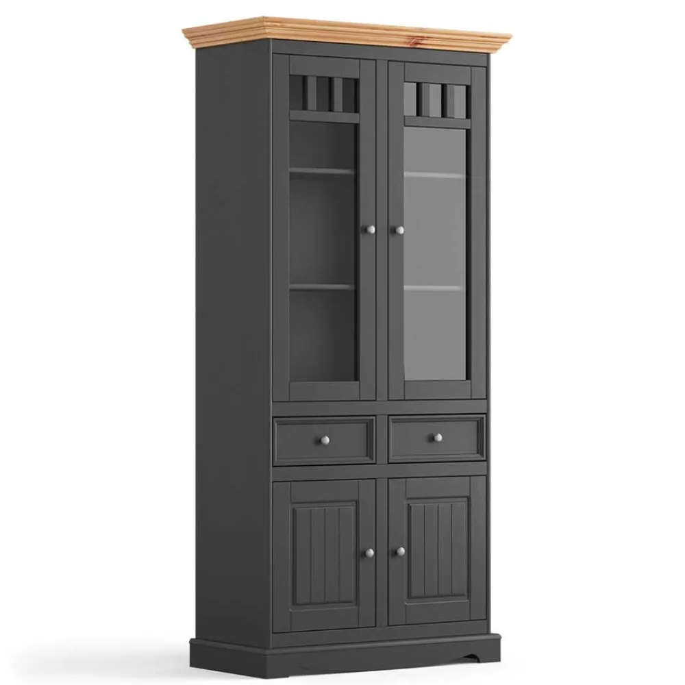 Wohnen Massivholzmöbel|Esszimmer-Vitrinen*Modern Country Vitrinenschrank in Grau & Kiefer - Eromsia