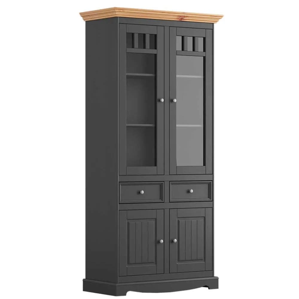 Wohnen Massivholzmöbel|Esszimmer-Vitrinen*Modern Country Vitrinenschrank in Grau & Kiefer - Eromsia