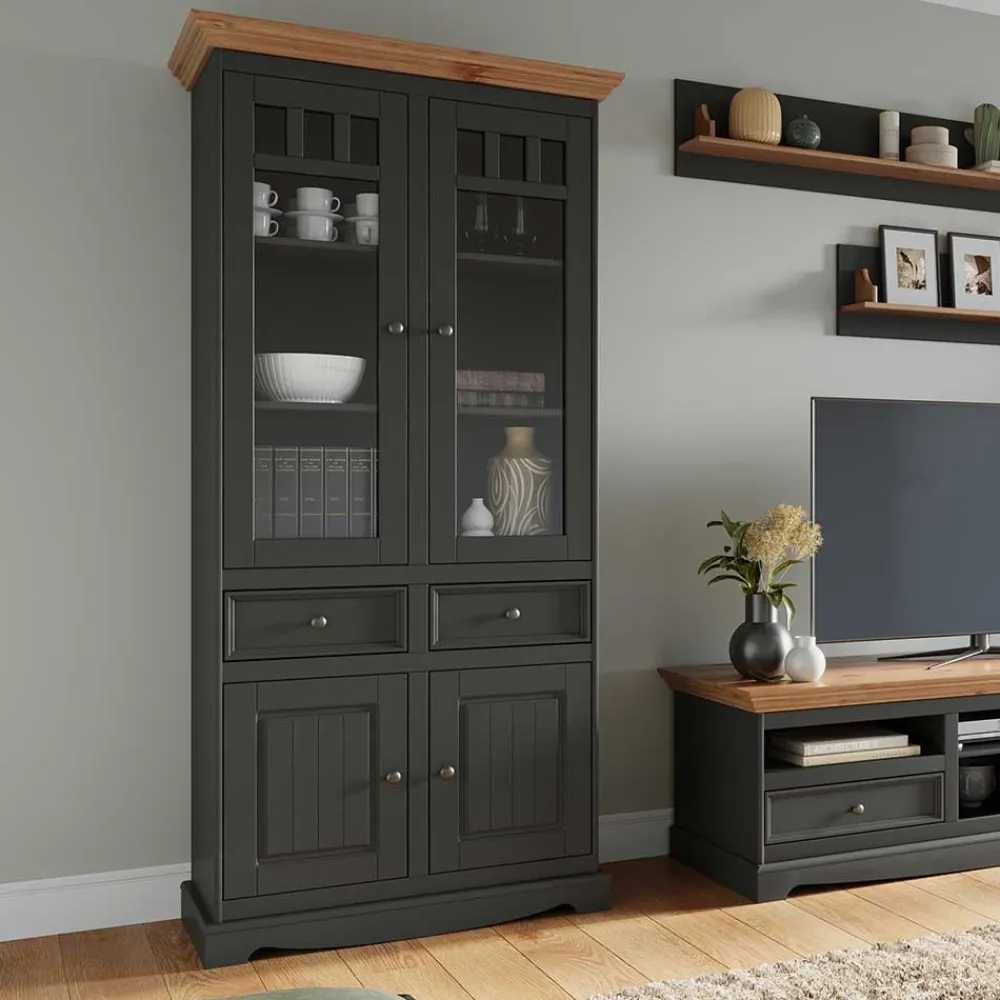 Wohnen Massivholzmöbel|Esszimmer-Vitrinen*Modern Country Vitrinenschrank in Grau & Kiefer - Eromsia
