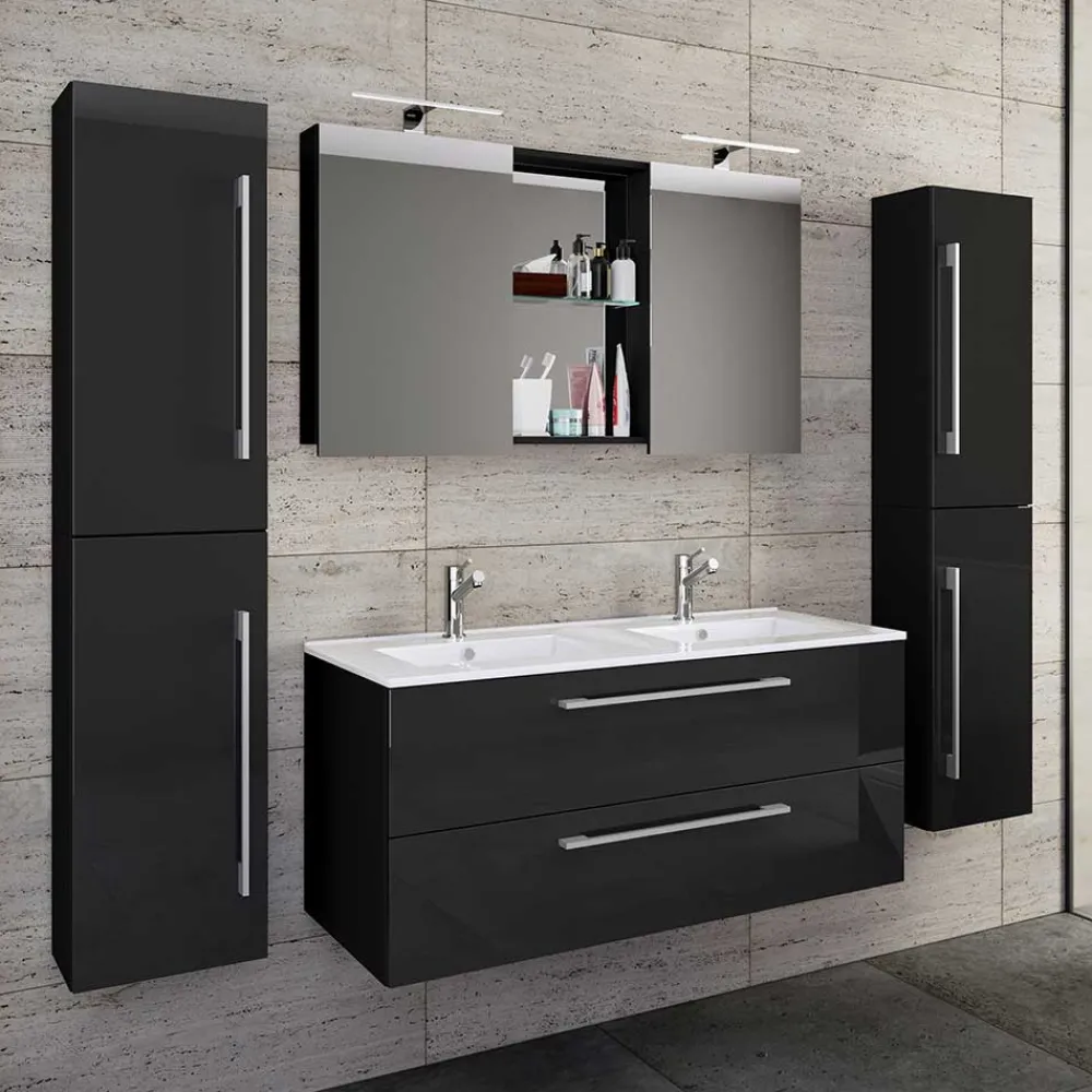 Wohnen Badezimmer Komplett*Modernes Badmöbel Ensemble in Schwarz - Vinkoja (vierteilig)