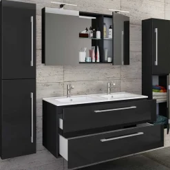 Wohnen Badezimmer Komplett*Modernes Badmöbel Ensemble in Schwarz - Vinkoja (vierteilig)