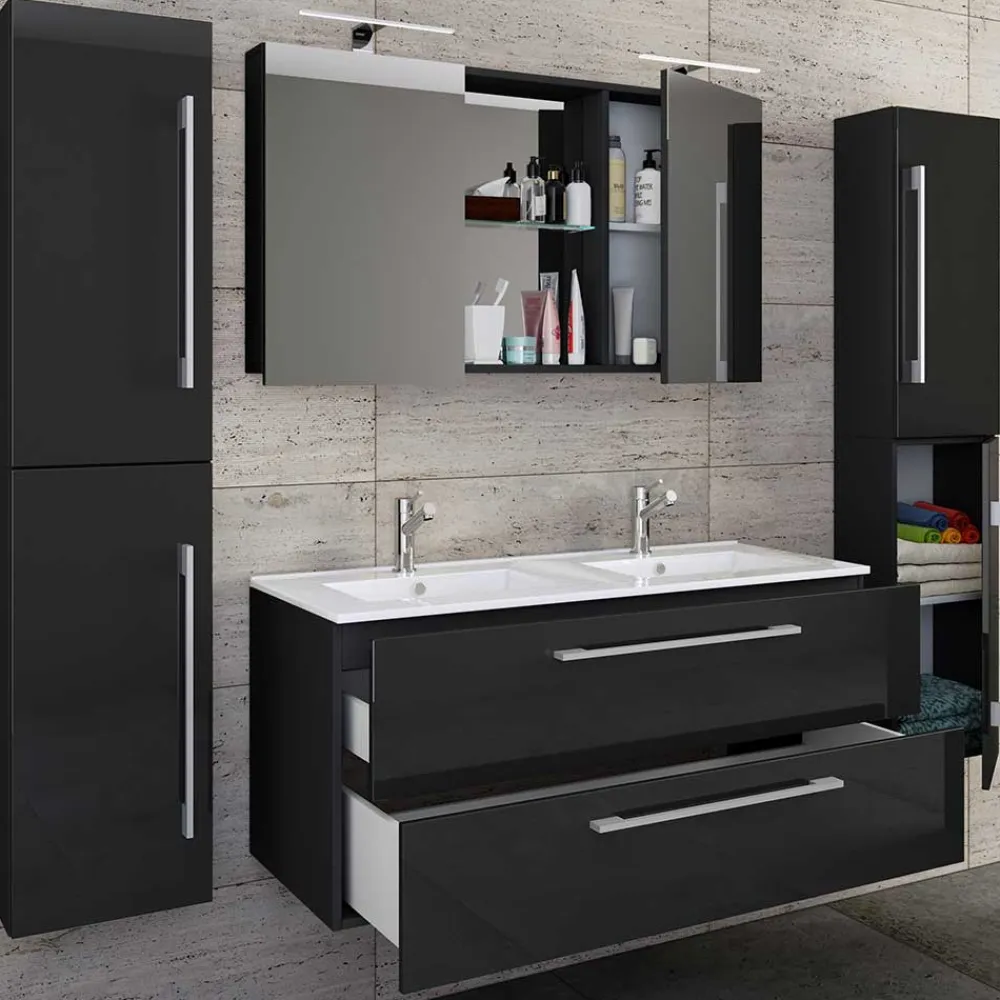 Wohnen Badezimmer Komplett*Modernes Badmöbel Ensemble in Schwarz - Vinkoja (vierteilig)