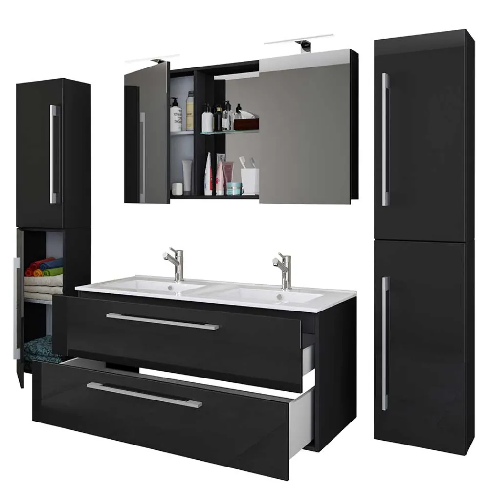 Wohnen Badezimmer Komplett*Modernes Badmöbel Ensemble in Schwarz - Vinkoja (vierteilig)