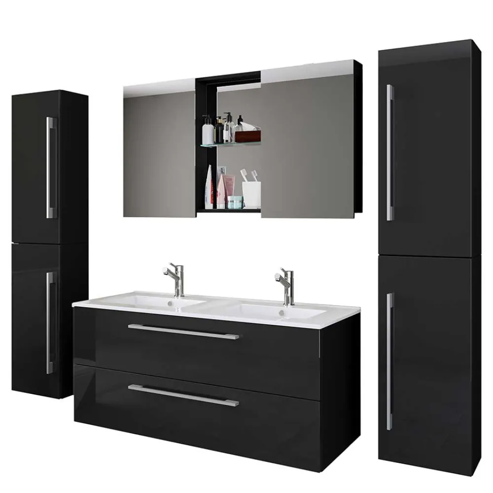 Wohnen Badezimmer Komplett*Modernes Badmöbel Ensemble in Schwarz - Vinkoja (vierteilig)
