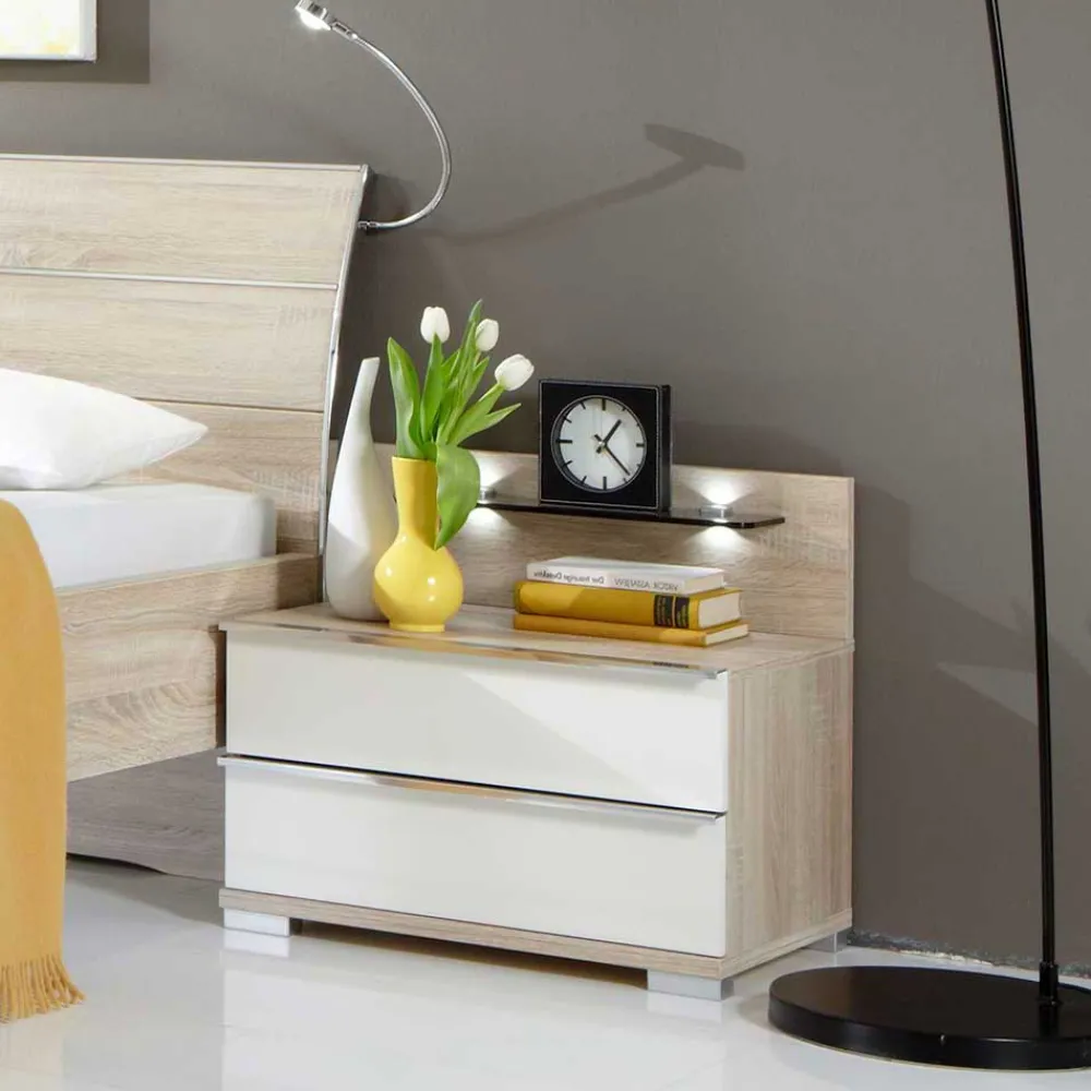 Wohnen Nachttische|Kommoden*Nachtkommode Josekna in Weiß Glas Eiche Sägerau