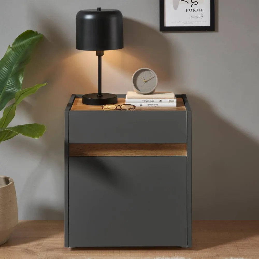 Wohnen Graue Möbel|Nachttische*Nachtschrank in Anthrazit und Wildeiche Dekor - Ahilav