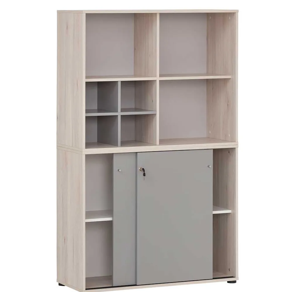 Wohnen Office Schrank in Eiche Hell & Platingrau - Lakes