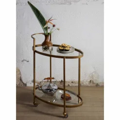 Wohnen Servierwagen|Couchtisch*Ovaler Serviertisch Burina auf Rollen in Messing mit Glas
