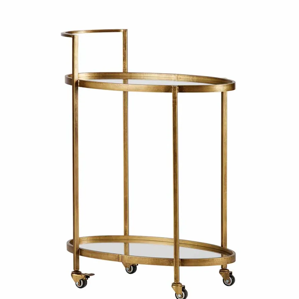 Wohnen Servierwagen|Couchtisch*Ovaler Serviertisch Burina auf Rollen in Messing mit Glas