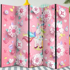Kinder Wohnen Paravent mit Einhorn Motiv in Rosa Bunt - Olenka