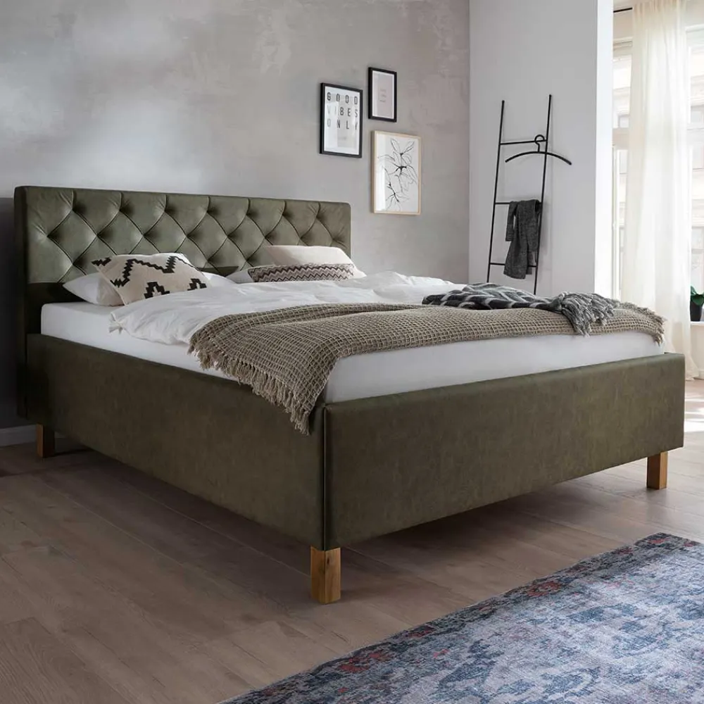 Wohnen Betten|Betten*Polsterbett in Oliv Grün & Eiche - Miania