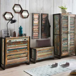 Wohnen Diele Komplett|Shabby Chic Möbel*Recyclingholz Flurmöbel im Shabby Chic - Vosbadus (fünfteilig)