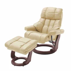 Wohnen Braune Möbel|Sessel & Hocker*Relax Sessel mit Leder in Creme & Gestell Walnuss Hermine inkl. Hocker (zweiteilig)