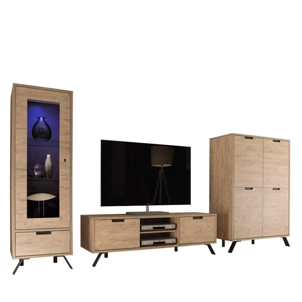 Wohnen Wohnzimmerschränke|Wohnwände*Retro Wohnwand im Eiche Dekor - Rodonda (dreiteilig)