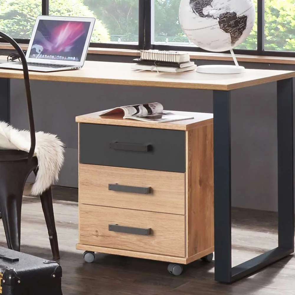 Wohnen Rollcontainer in Plankeneiche & Dunkelgrau - Uletria