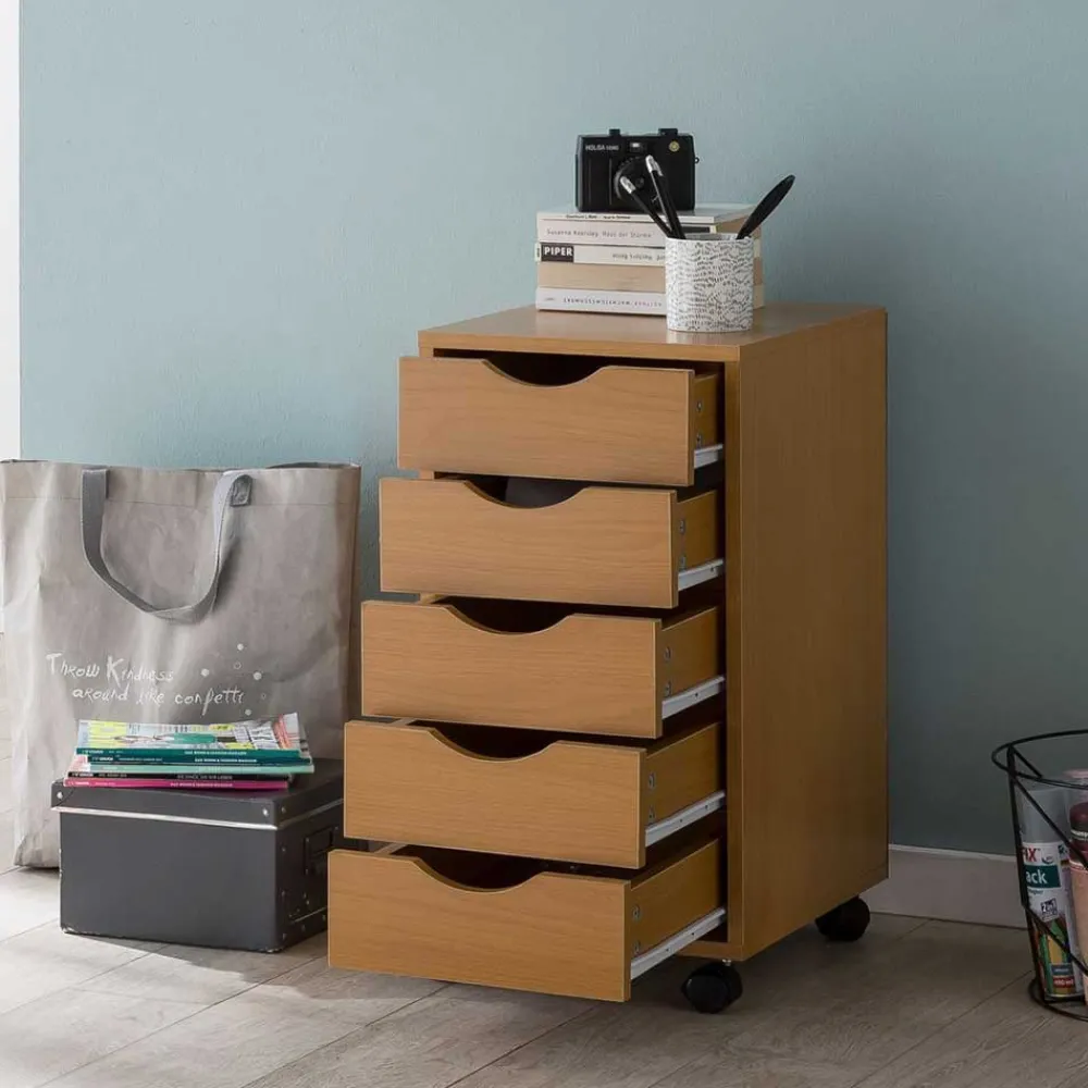 Wohnen Rollcontainer mit 5 Schubladen in Buche - Livisica