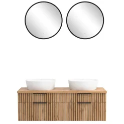 Wohnen Glasmöbel|Badezimmer Komplett*Runde Bad-Lichtspiegel & 2er Waschtisch - Crystoga (dreiteilig)