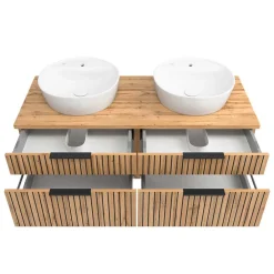 Wohnen Glasmöbel|Badezimmer Komplett*Runde Bad-Lichtspiegel & 2er Waschtisch - Crystoga (dreiteilig)