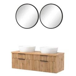 Wohnen Glasmöbel|Badezimmer Komplett*Runde Bad-Lichtspiegel & 2er Waschtisch - Crystoga (dreiteilig)