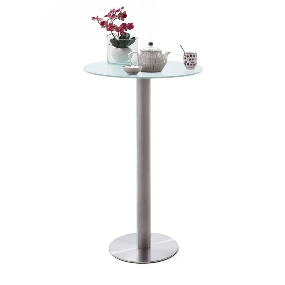 Wohnen Runder Bartisch mit weißer Glasplatte Shaky & Edelstahlfuß