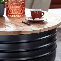 Wohnen Holztruhen*Runder Couchtisch mit Fass Metallgestell - Acapella