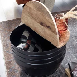 Wohnen Holztruhen*Runder Couchtisch mit Fass Metallgestell - Acapella