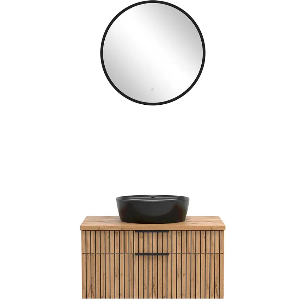 Wohnen Runder LED Spiegel und Waschkonsole - Crystoga (zweiteilig)