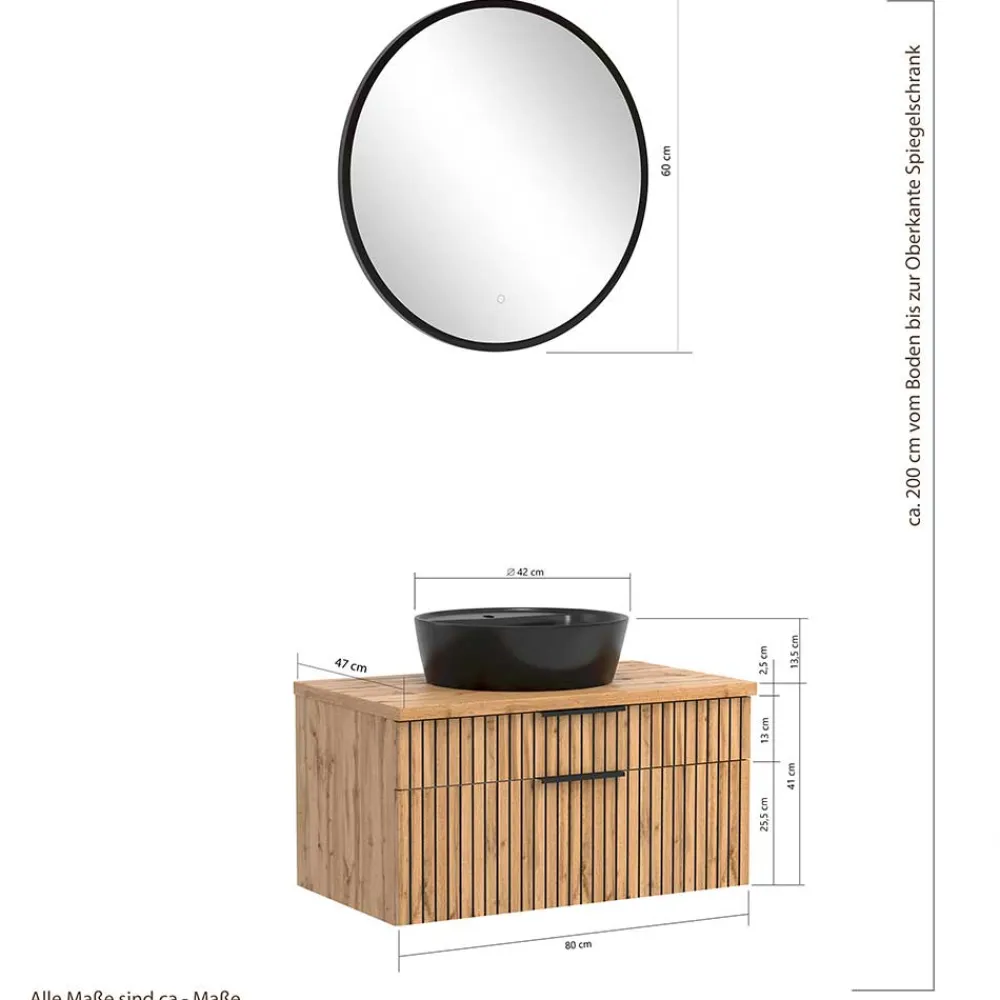 Wohnen Runder LED Spiegel und Waschkonsole - Crystoga (zweiteilig)