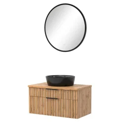 Wohnen Runder LED Spiegel und Waschkonsole - Crystoga (zweiteilig)