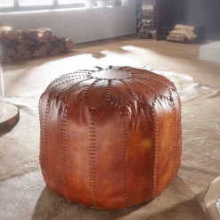 Wohnen Barhocker|Hocker*Runder Lederhocker in Cognac Braun - Fernandez