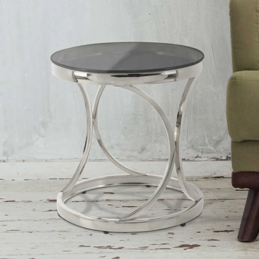 Wohnen Telefontische*Runder Schwarzglas Beistelltisch mit Edelstahl - Elian