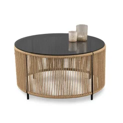 Wohnen Rattanmöbel*Runder Sofatisch mit grau getönter Glasplatte - Pharina