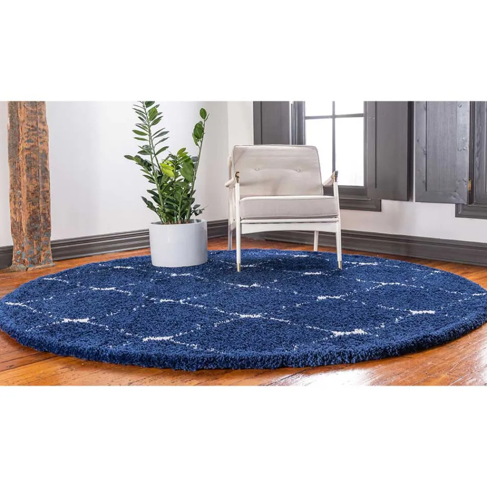 Wohnen Runder Teppich in Dunkelblau & Creme Hochflor - Vimanco