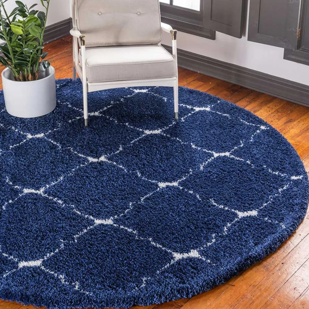 Wohnen Runder Teppich in Dunkelblau & Creme Hochflor - Vimanco