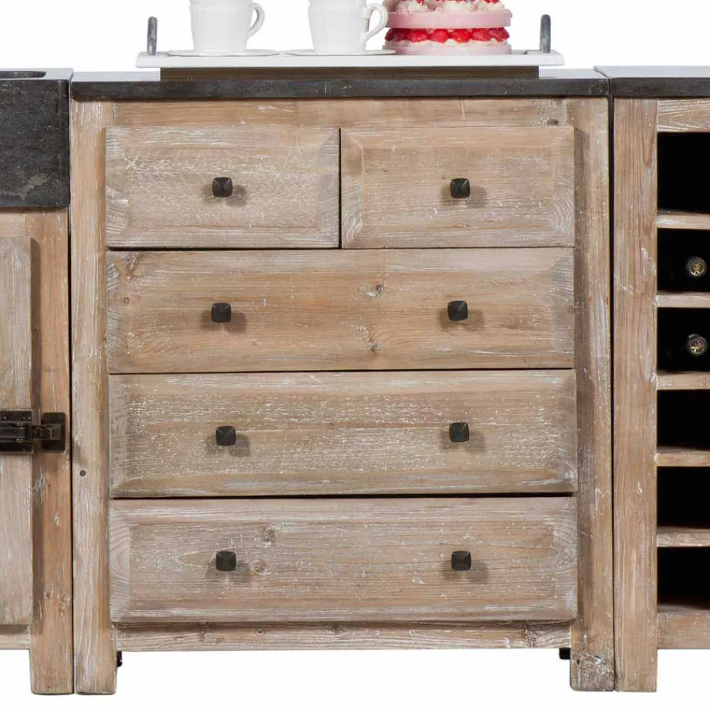 Wohnen Rustikale Küchenzeile aus Recyclingholz Pinie Ashvills & Naturstein (vierteilig)