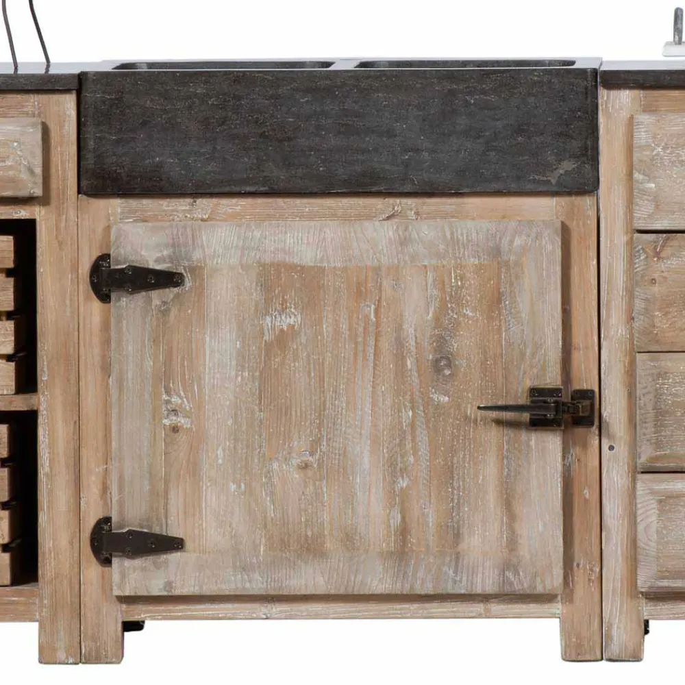 Wohnen Rustikale Küchenzeile aus Recyclingholz Pinie Ashvills & Naturstein (vierteilig)