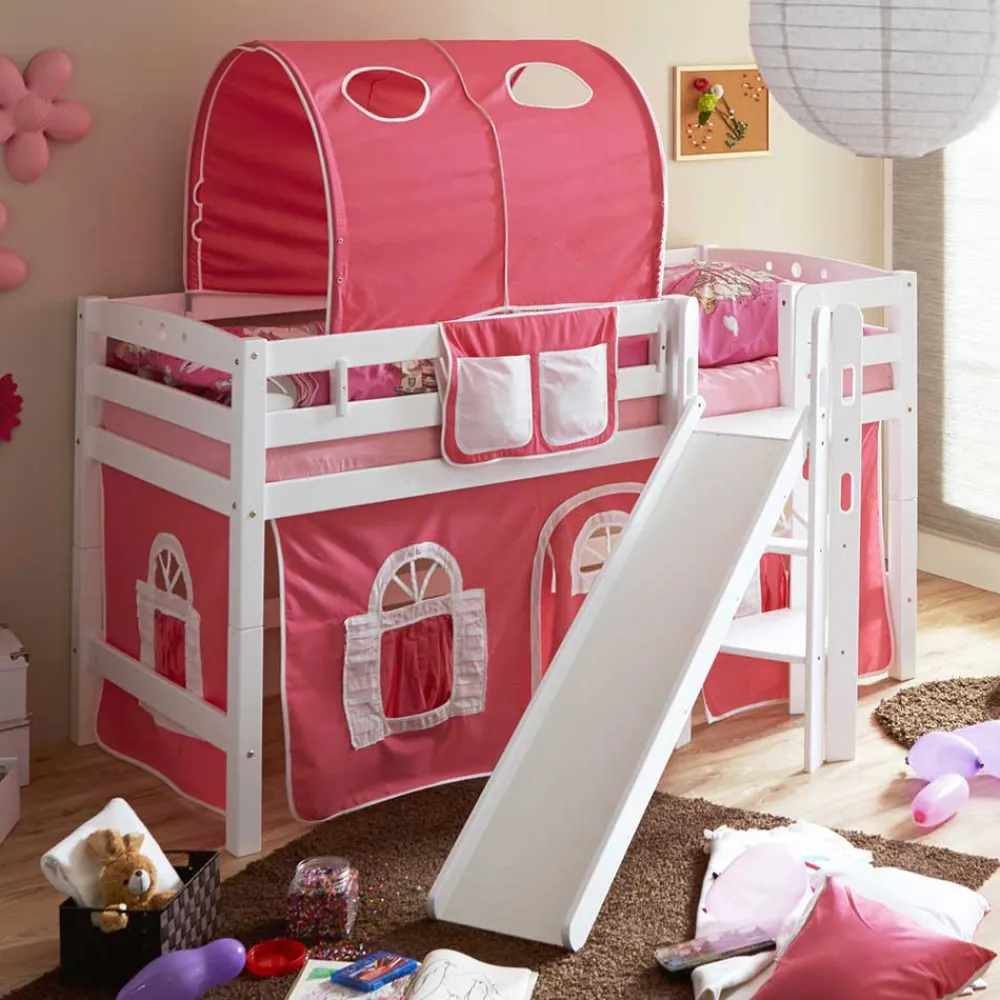 Wohnen Kinderbetten*Rutsche Buchenholz Hochbett in Weiß - Leontine